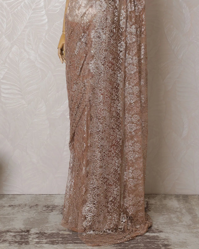 Luxurious Peach-Toned French Metallic Chantilly Lace Saree with Sparkling Stone Embellishments, 110cm Wide - 5.5m Piece-D18837 Regal Fabrics