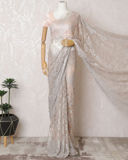 Peach Blush French Metallic Chantilly Lace Saree with Elegant Stone Detailing, 110cm Wide - 5.5m Piece-D18838 - Regal Fabrics