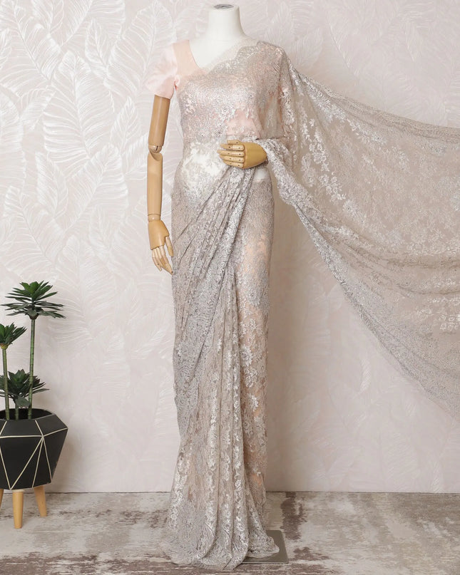 Peach Blush French Metallic Chantilly Lace Saree with Elegant Stone Detailing, 110cm Wide - 5.5m Piece-D18838 Regal Fabrics