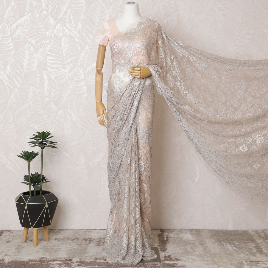 Peach Blush French Metallic Chantilly Lace Saree with Elegant Stone Detailing, 110cm Wide - 5.5m Piece-D18838 - Regal Fabrics