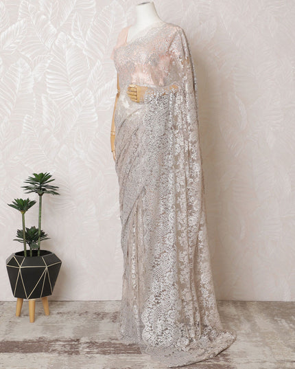 Peach Blush French Metallic Chantilly Lace Saree with Elegant Stone Detailing, 110cm Wide - 5.5m Piece-D18838 - Regal Fabrics