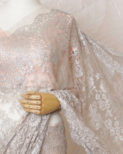 Peach Blush French Metallic Chantilly Lace Saree with Elegant Stone Detailing, 110cm Wide - 5.5m Piece-D18838 - Regal Fabrics