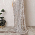 Peach Blush French Metallic Chantilly Lace Saree with Elegant Stone Detailing, 110cm Wide - 5.5m Piece-D18838 - Regal Fabrics