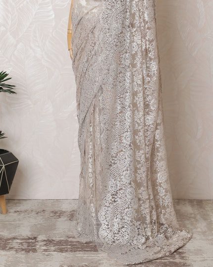 Peach Blush French Metallic Chantilly Lace Saree with Elegant Stone Detailing, 110cm Wide - 5.5m Piece-D18838 - Regal Fabrics