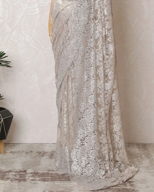 Peach Blush French Metallic Chantilly Lace Saree with Elegant Stone Detailing, 110cm Wide - 5.5m Piece-D18838 Regal Fabrics