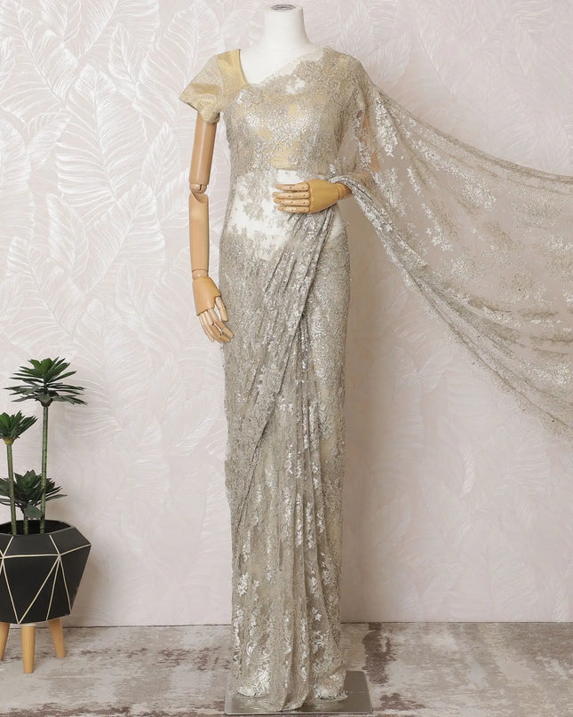 Golden Elegance French Metallic Chantilly Lace Saree with Intricate Stone Work, 110cm Wide - 5.5m Piece-D18839 Regal Fabrics