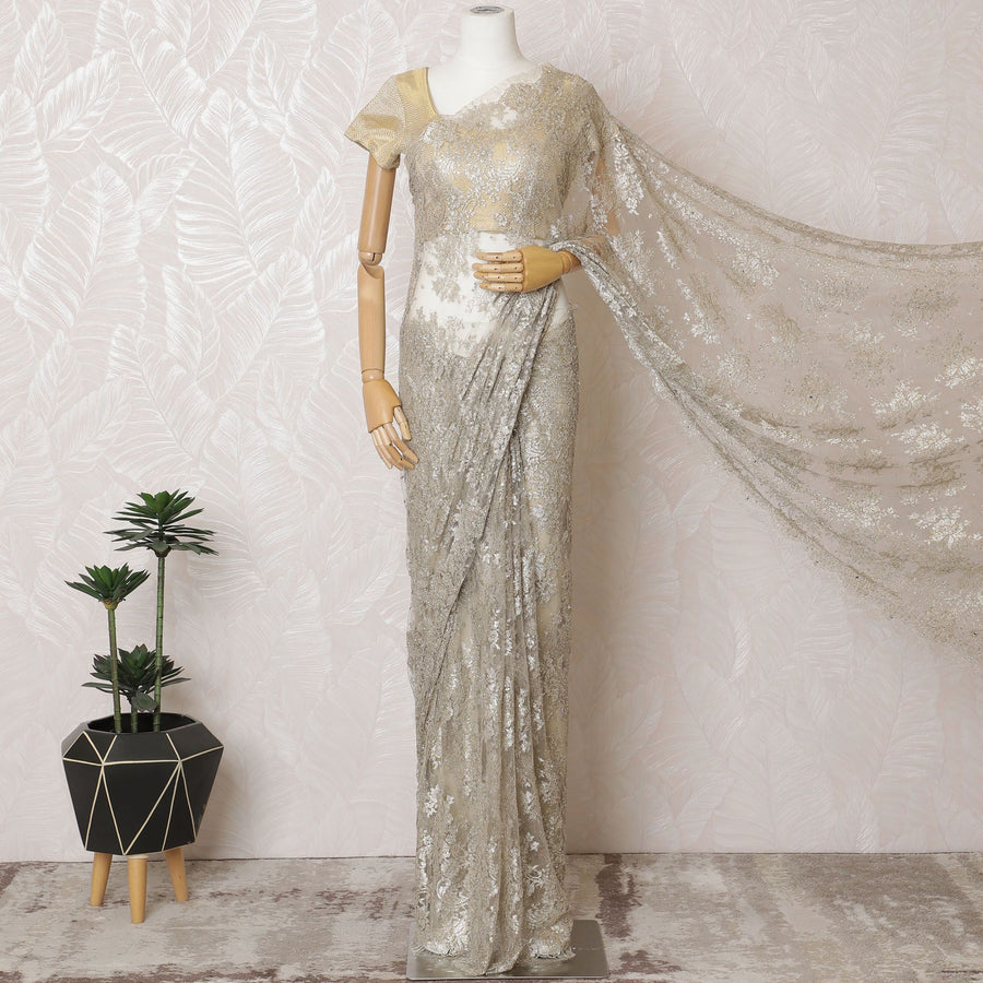 Golden Elegance French Metallic Chantilly Lace Saree with Intricate Stone Work, 110cm Wide - 5.5m Piece-D18839