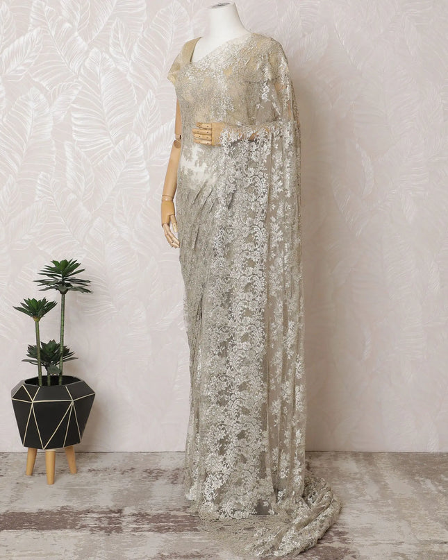 Golden Elegance French Metallic Chantilly Lace Saree with Intricate Stone Work, 110cm Wide - 5.5m Piece-D18839 Regal Fabrics