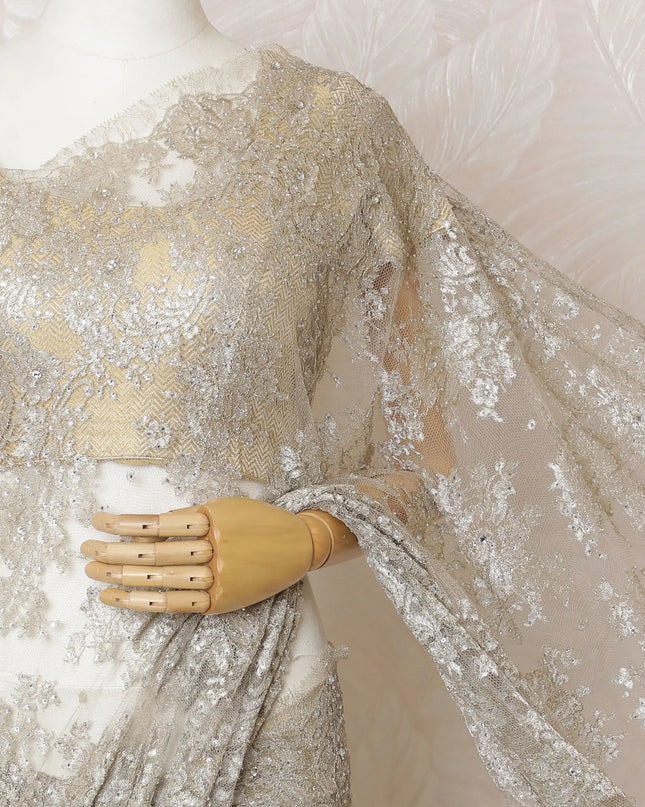 Golden Elegance French Metallic Chantilly Lace Saree with Intricate Stone Work, 110cm Wide - 5.5m Piece-D18839 Regal Fabrics