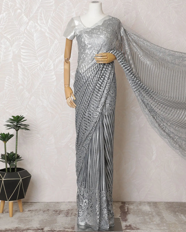 Sophisticated Silver French Metallic Chantilly Lace Saree with Elegant Stone Work, 110cm Width - 5.5m Piece-D18840 Regal Fabrics