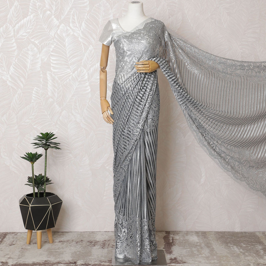 Sophisticated Silver French Metallic Chantilly Lace Saree with Elegant Stone Work, 110cm Width - 5.5m Piece-D18840