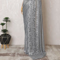 Sophisticated Silver French Metallic Chantilly Lace Saree with Elegant Stone Work, 110cm Width - 5.5m Piece-D18840