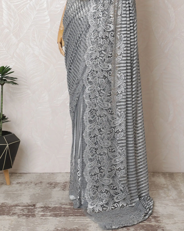 Sophisticated Silver French Metallic Chantilly Lace Saree with Elegant Stone Work, 110cm Width - 5.5m Piece-D18840 Regal Fabrics