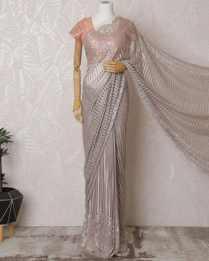 Dusty Rose French Metallic Chantilly Lace Saree with Stone Accents, 110cm Wide - 5.5m Piece-D18841 - Regal Fabrics