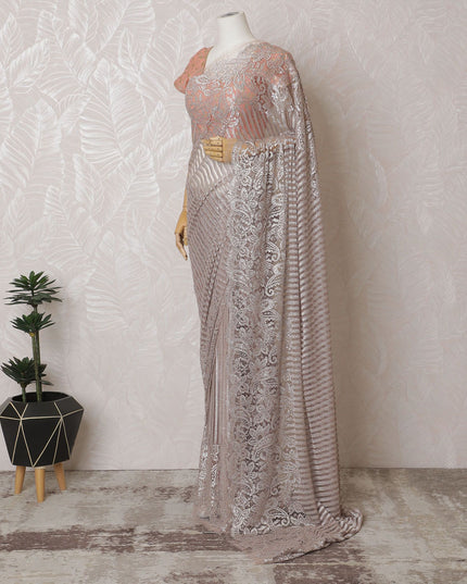 Dusty Rose French Metallic Chantilly Lace Saree with Stone Accents, 110cm Wide - 5.5m Piece-D18841 - Regal Fabrics