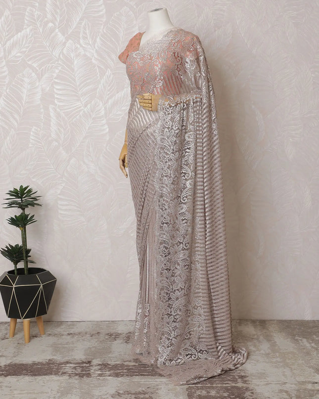 Dusty Rose French Metallic Chantilly Lace Saree with Stone Accents, 110cm Wide - 5.5m Piece-D18841 Regal Fabrics