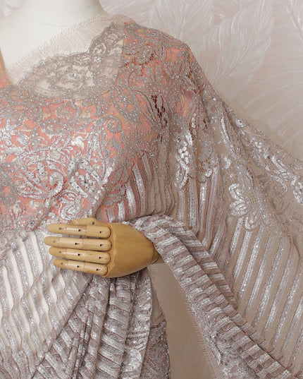 Dusty Rose French Metallic Chantilly Lace Saree with Stone Accents, 110cm Wide - 5.5m Piece-D18841 - Regal Fabrics