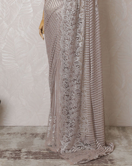Dusty Rose French Metallic Chantilly Lace Saree with Stone Accents, 110cm Wide - 5.5m Piece-D18841 - Regal Fabrics