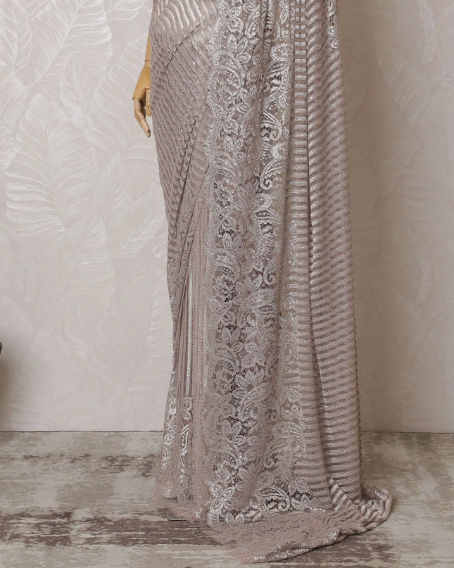 Dusty Rose French Metallic Chantilly Lace Saree with Stone Accents, 110cm Wide - 5.5m Piece-D18841 Regal Fabrics