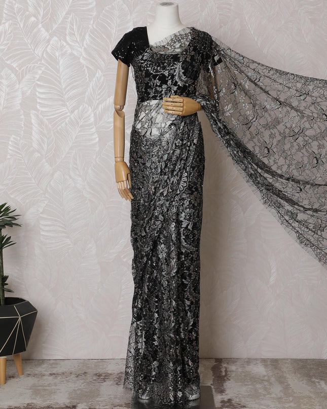 ساري دانتيل شانتيلي فرنسي متعدد الألوان من الفحم الشفق مع عمل حجري، عرض 110 سم - قطعة 5.5 متر-D18843