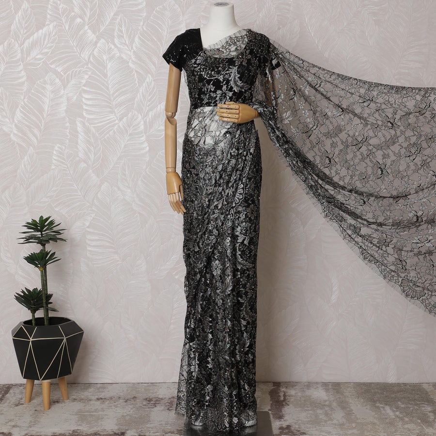 ساري دانتيل شانتيلي فرنسي متعدد الألوان من الفحم الشفق مع عمل حجري، عرض 110 سم - قطعة 5.5 متر-D18843