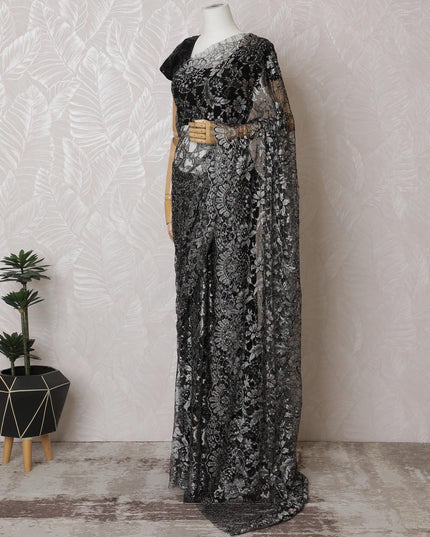 ساري دانتيل شانتيلي فرنسي متعدد الألوان من الفحم الشفق مع عمل حجري، عرض 110 سم - قطعة 5.5 متر-D18843