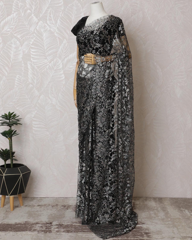 ساري دانتيل شانتيلي فرنسي متعدد الألوان من الفحم الشفق مع عمل حجري، عرض 110 سم - قطعة 5.5 متر-D18843