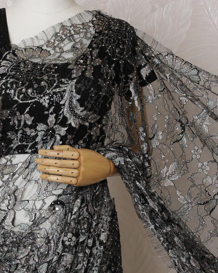 ساري دانتيل شانتيلي فرنسي متعدد الألوان من الفحم الشفق مع عمل حجري، عرض 110 سم - قطعة 5.5 متر-D18843