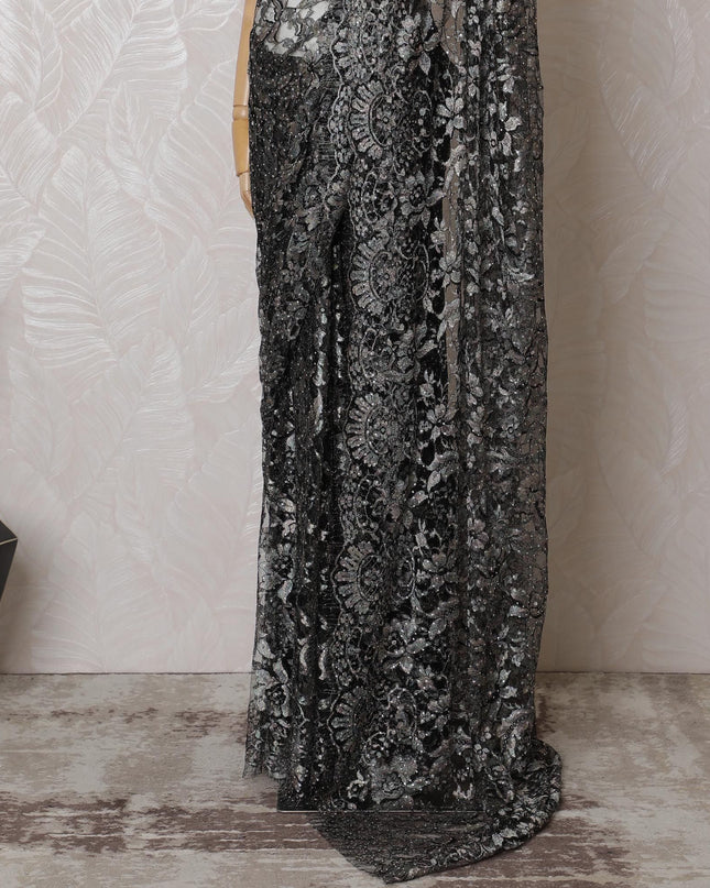 ساري دانتيل شانتيلي فرنسي متعدد الألوان من الفحم الشفق مع عمل حجري، عرض 110 سم - قطعة 5.5 متر-D18843