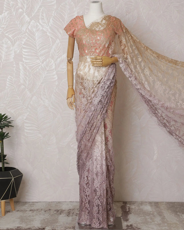Rose Gold Ombre French Chantilly Lace Saree with Exquisite Stone Work, 110cm Wide - 5.5m Piece-D18845 Regal Fabrics