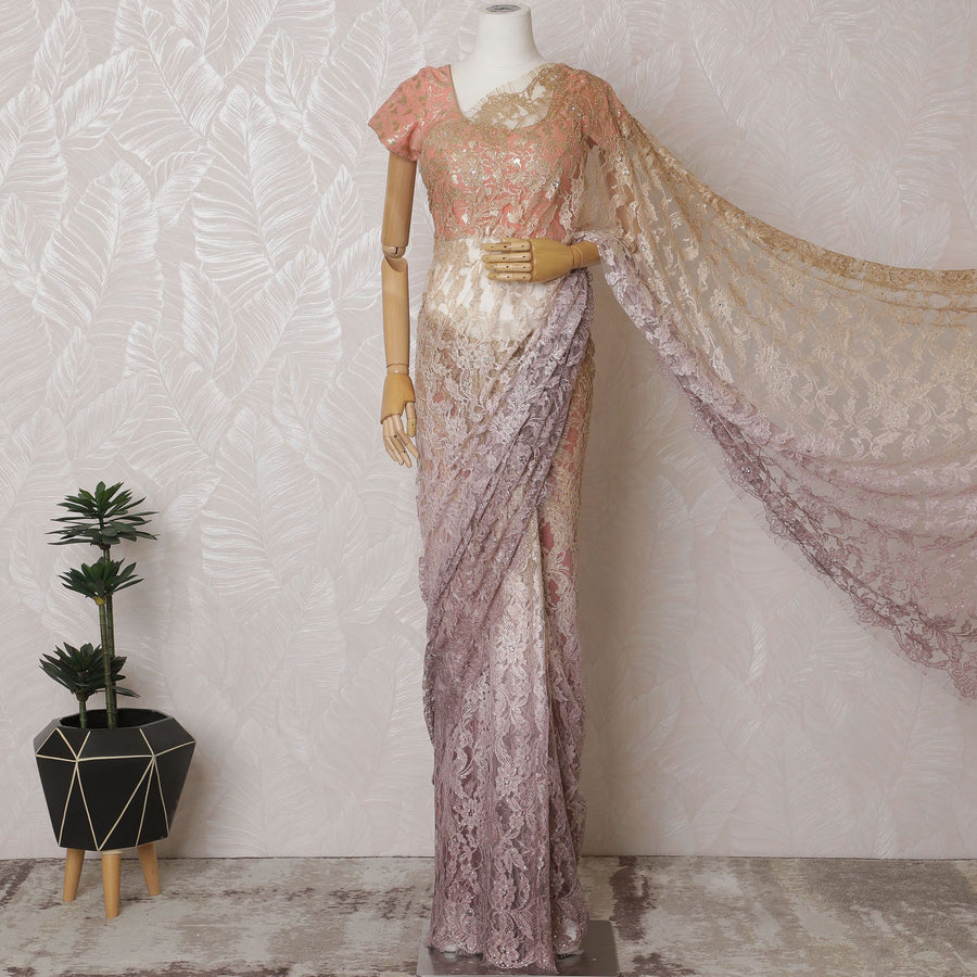 Rose Gold Ombre French Chantilly Lace Saree with Exquisite Stone Work, 110cm Wide - 5.5m Piece-D18845