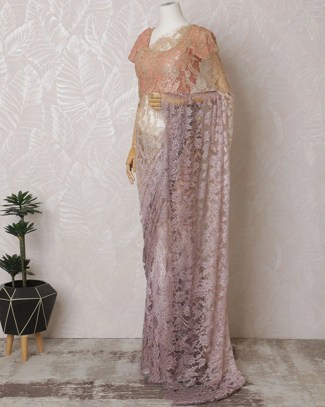 Rose Gold Ombre French Chantilly Lace Saree with Exquisite Stone Work, 110cm Wide - 5.5m Piece-D18845 Regal Fabrics
