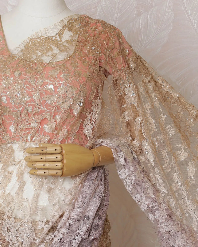 Rose Gold Ombre French Chantilly Lace Saree with Exquisite Stone Work, 110cm Wide - 5.5m Piece-D18845 Regal Fabrics