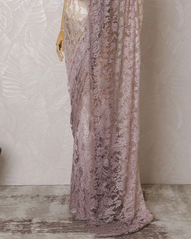 Rose Gold Ombre French Chantilly Lace Saree with Exquisite Stone Work, 110cm Wide - 5.5m Piece-D18845 Regal Fabrics