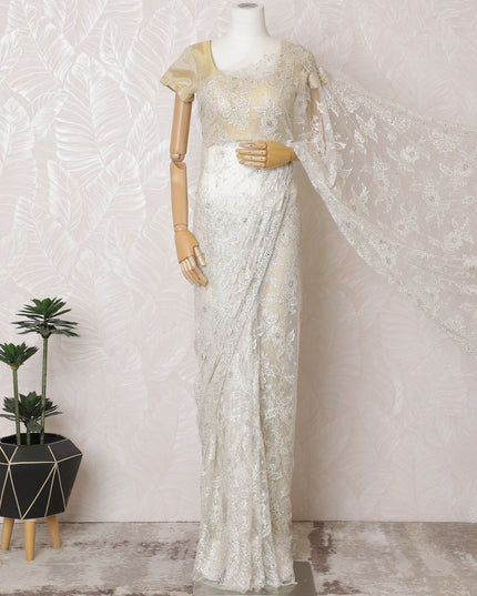 Ivory Gleam French Metallic Chantilly Lace Saree with Sparkling Stone Work, 110cm Wide - 5.5m Piece-D18846