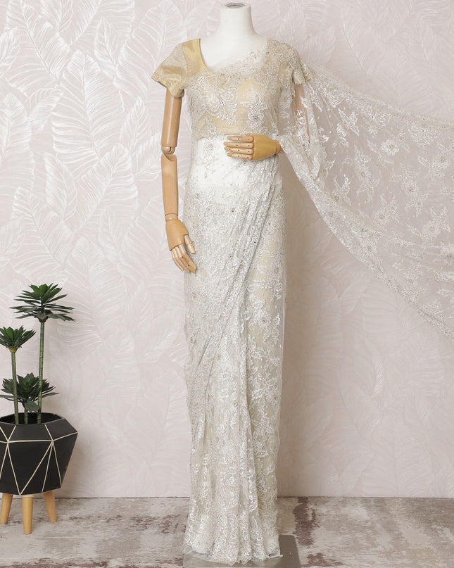Ivory Gleam French Metallic Chantilly Lace Saree with Sparkling Stone Work, 110cm Wide - 5.5m Piece-D18846