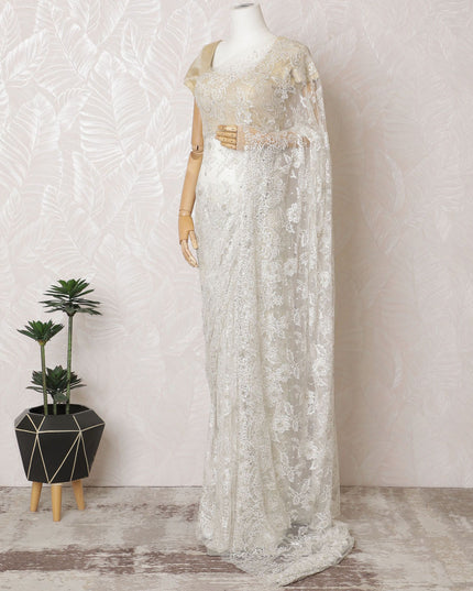 Ivory Gleam French Metallic Chantilly Lace Saree with Sparkling Stone Work, 110cm Wide - 5.5m Piece-D18846