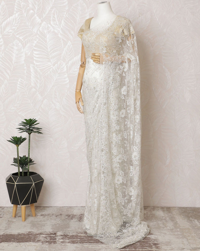 Ivory Gleam French Metallic Chantilly Lace Saree with Sparkling Stone Work, 110cm Wide - 5.5m Piece-D18846