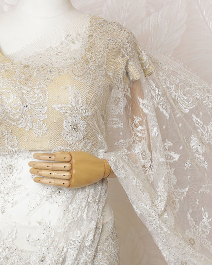 Ivory Gleam French Metallic Chantilly Lace Saree with Sparkling Stone Work, 110cm Wide - 5.5m Piece-D18846