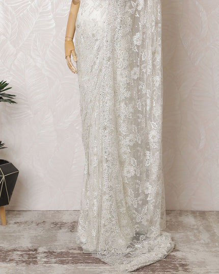 Ivory Gleam French Metallic Chantilly Lace Saree with Sparkling Stone Work, 110cm Wide - 5.5m Piece-D18846