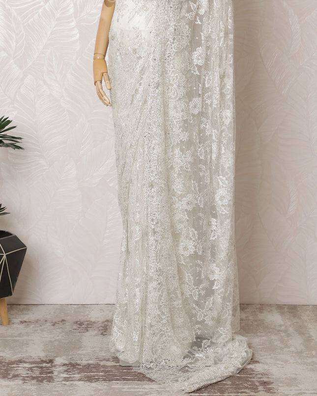 Ivory Gleam French Metallic Chantilly Lace Saree with Sparkling Stone Work, 110cm Wide - 5.5m Piece-D18846