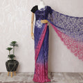 Royal Ombre French Chantilly Lace Saree in Sapphire and Fuchsia with Stone Work, 110cm Wide - 5.5m Piece-D18847 - Regal Fabrics