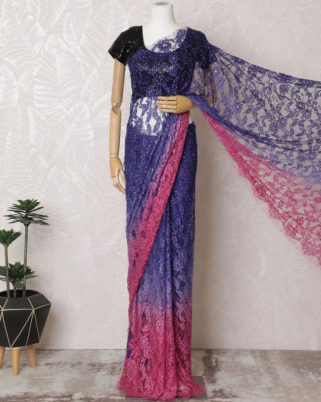 Royal Ombre French Chantilly Lace Saree in Sapphire and Fuchsia with Stone Work, 110cm Wide - 5.5m Piece-D18847 Regal Fabrics