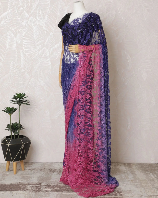 Royal Ombre French Chantilly Lace Saree in Sapphire and Fuchsia with Stone Work, 110cm Wide - 5.5m Piece-D18847 Regal Fabrics
