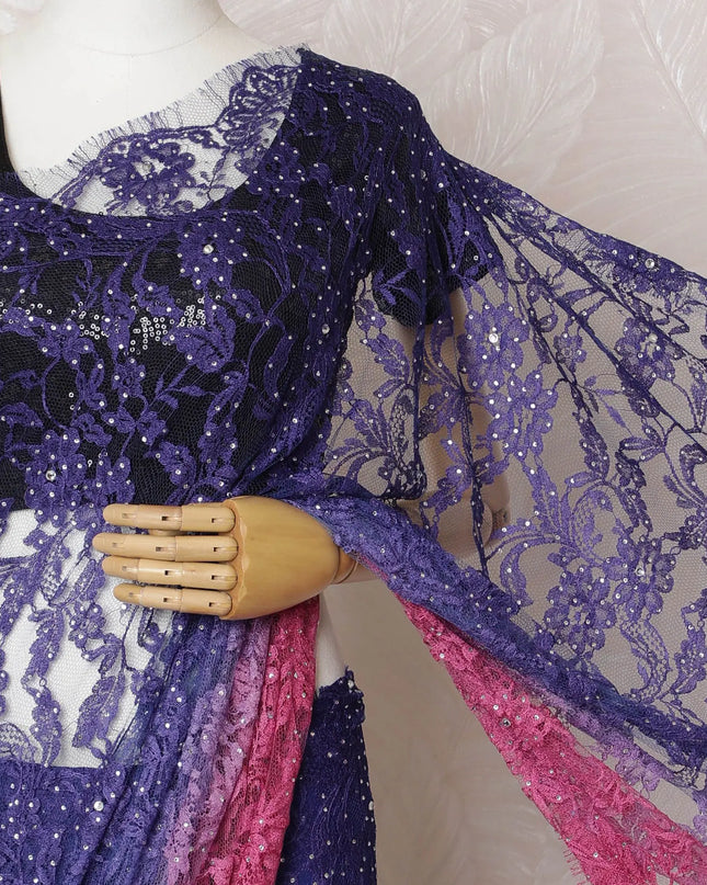 Royal Ombre French Chantilly Lace Saree in Sapphire and Fuchsia with Stone Work, 110cm Wide - 5.5m Piece-D18847 Regal Fabrics