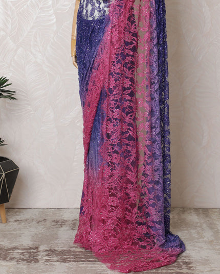 Royal Ombre French Chantilly Lace Saree in Sapphire and Fuchsia with Stone Work, 110cm Wide - 5.5m Piece-D18847 - Regal Fabrics