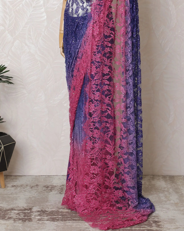 Royal Ombre French Chantilly Lace Saree in Sapphire and Fuchsia with Stone Work, 110cm Wide - 5.5m Piece-D18847 Regal Fabrics