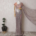 Ethereal Mauve French Metallic Chantilly Lace Saree with Shimmering Stone Work, 110cm Wide - 5.5m Piece-D18848