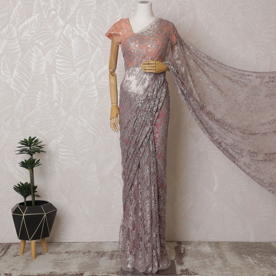 Ethereal Mauve French Metallic Chantilly Lace Saree with Shimmering Stone Work, 110cm Wide - 5.5m Piece-D18848