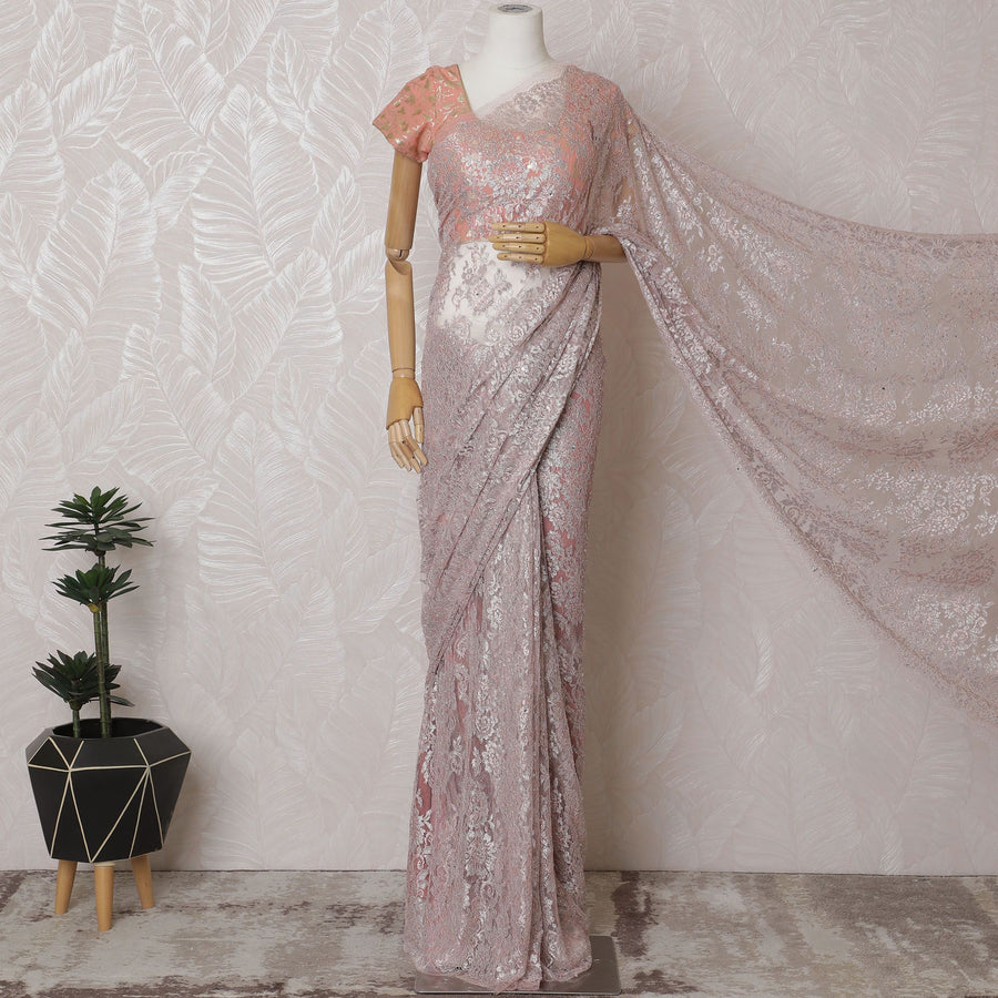 Vintage Blush French Metallic Chantilly Lace Saree with Stone Embellishments, 110cm Wide - 5.5m Piece-D18849